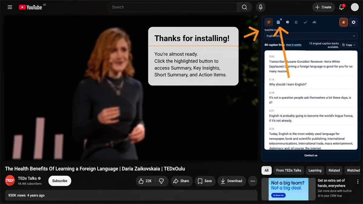 YouTube video page with the extension panel open on the right. Orange arrows point to the GET SUBTITLES button so you can access Summary, Key Insights, Short Summary, and Action Items.